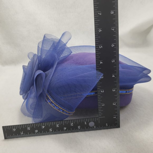 Vintage 80s Church Hat Oversize Bow Wool Felt Formal Tulle Blue Gold Sequins USA - Picture 13 of 14
